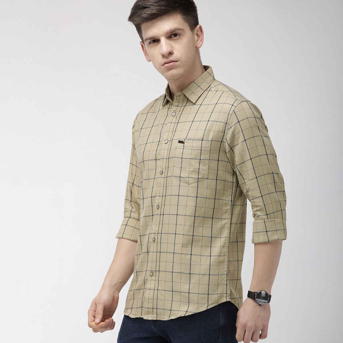 The Indian Garage Co Men's Slim Fit Checkered Casual Shirt | Khaki - S
