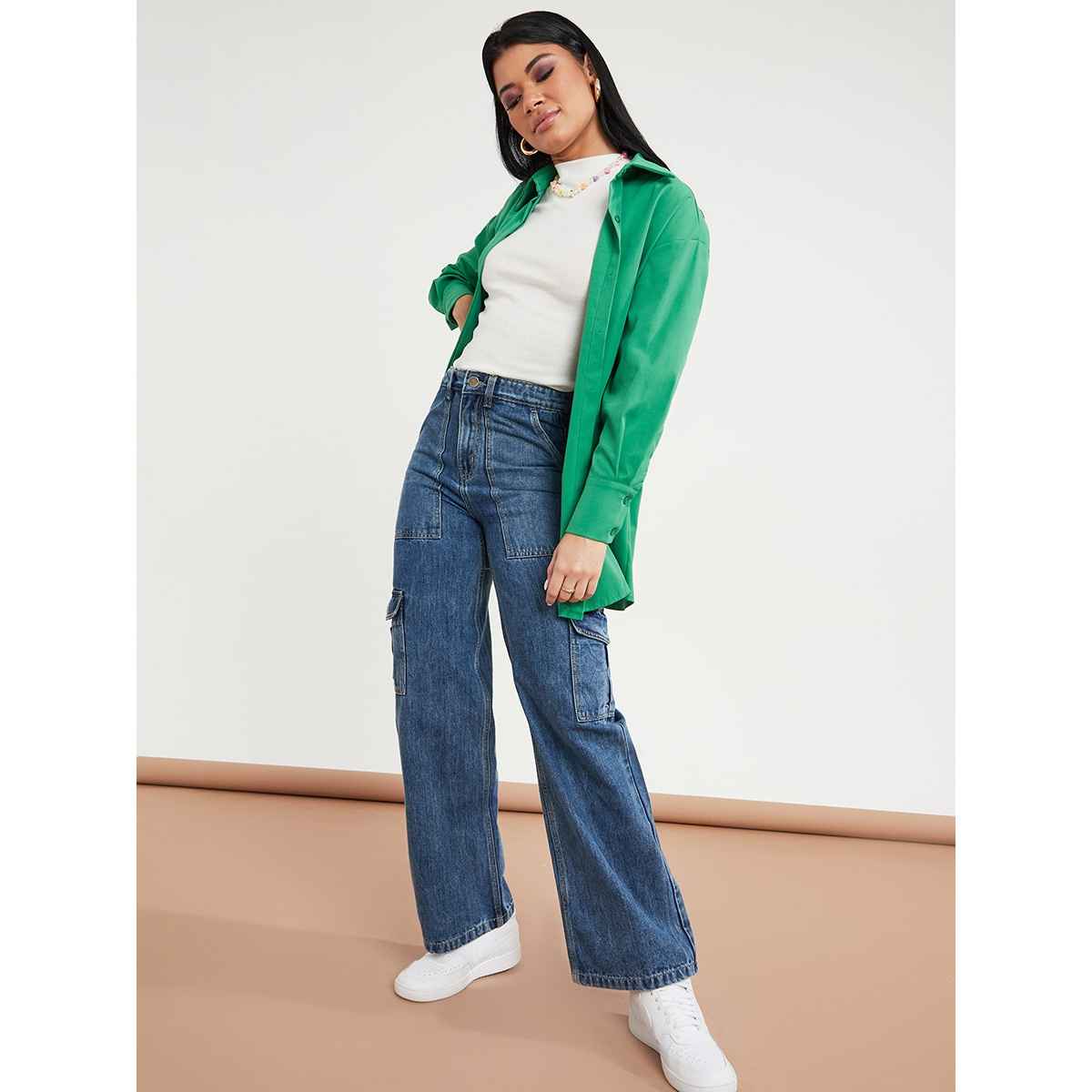 Styli Women's High Rise Wide Leg Jeans with Cargo Pocket | Blue - 26