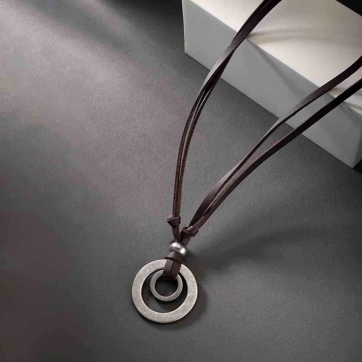 Peora Mens Womens Double Ring Pendant Adjustable Leather Cord Necklace Chain, Brown Silver