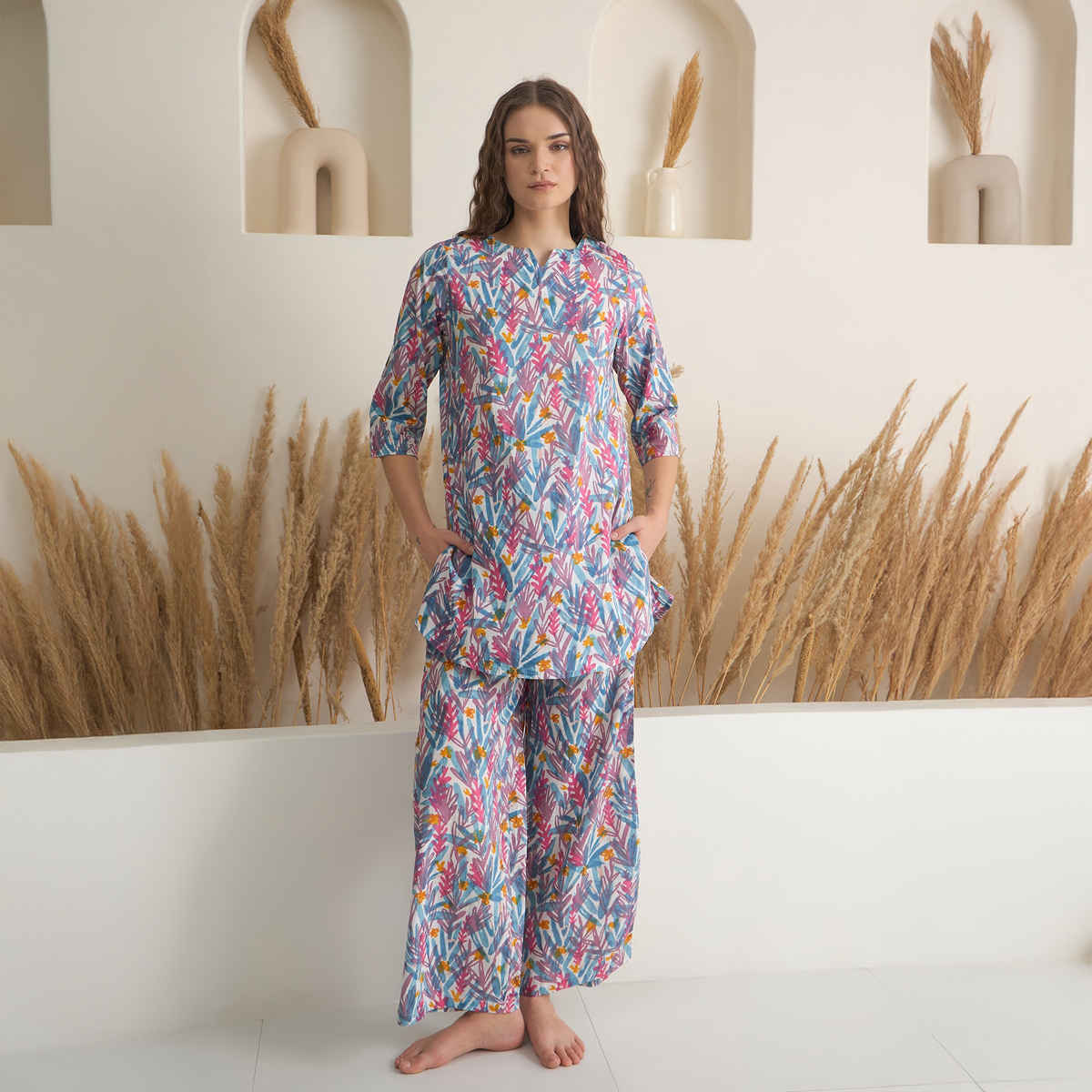 Sanskrutihomes Women's Pure Cotton Night suits | SE-NSP-631 | Blue - L