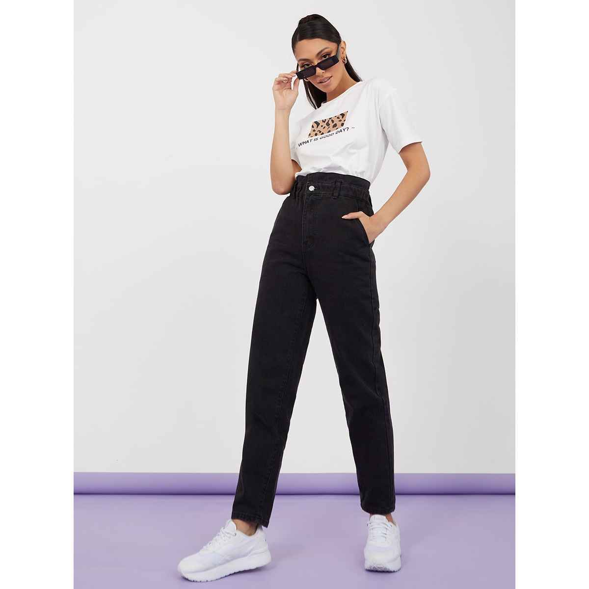 Styli Women's High Rise Paper Bag Waist Mom Jeans - 32