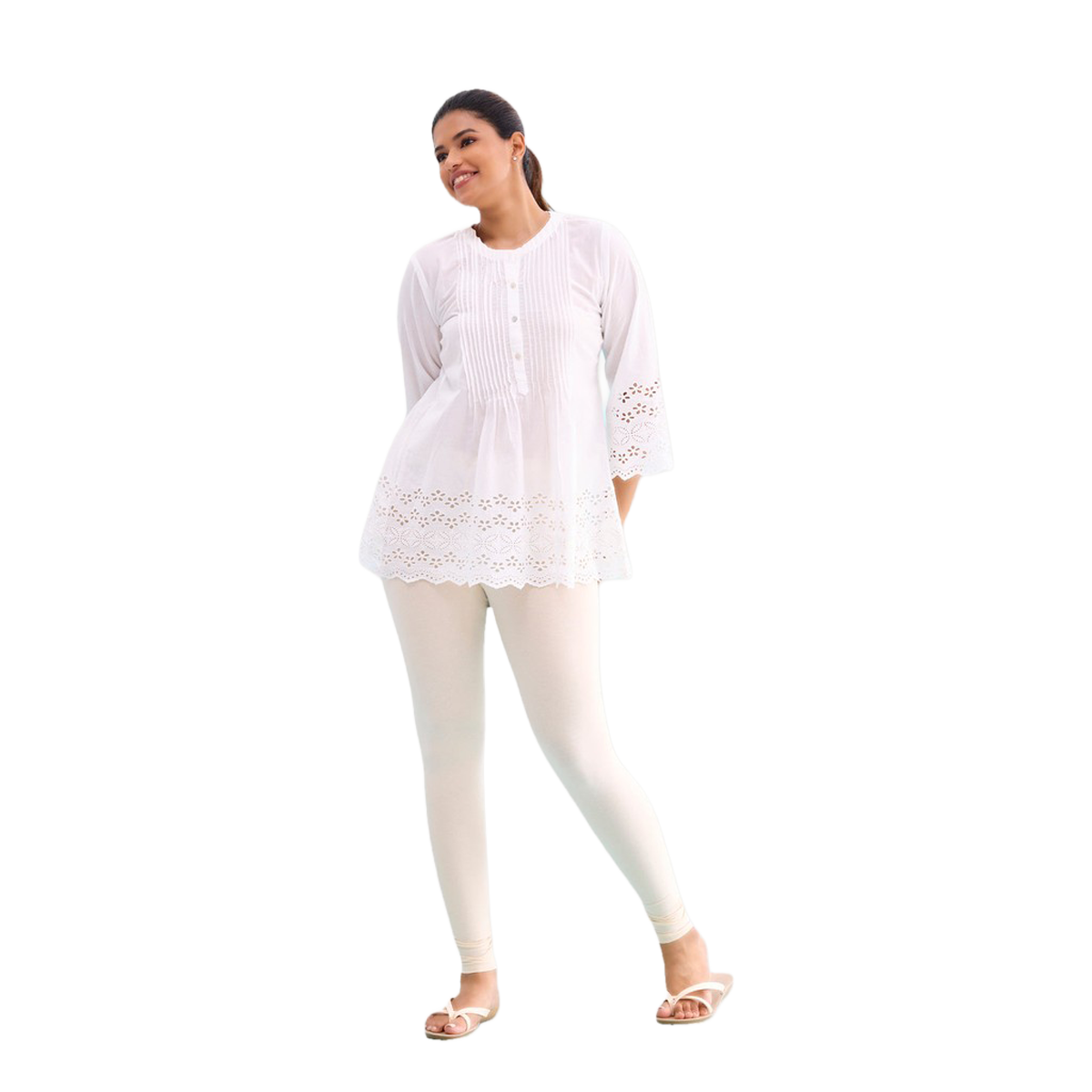 Go Colors Women's Solid Mid Rise Ankle Length Leggings | Ecru - L