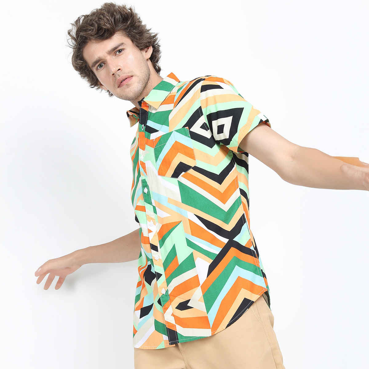 Ketch Men Green & Orange Slim Fit Geometric Printed Cotton Casual Shirt | Green/Orange - L
