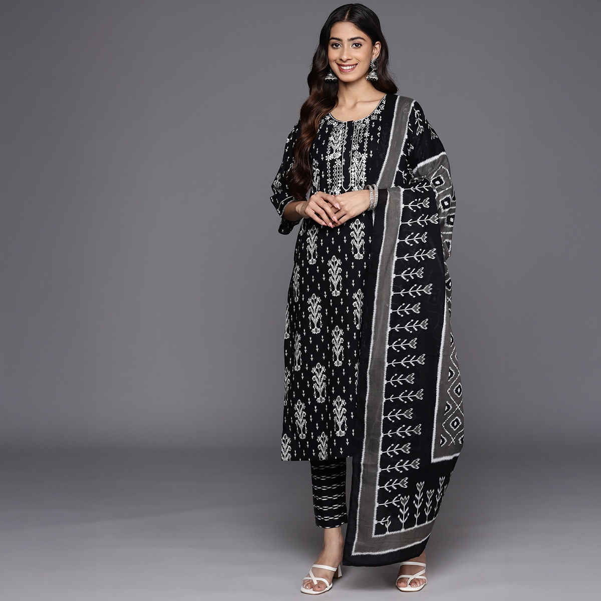 Libas Women Black Mirror Work Detail Straight Kurta With Black Trousers & Dupatta - 34164M