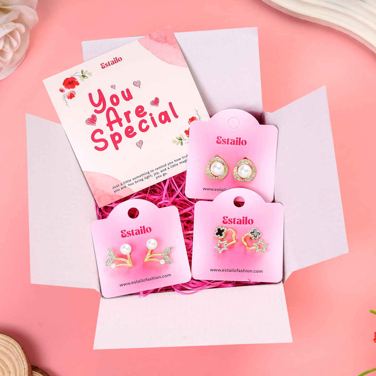 Estailo Fashion 3-Pair Earring Combo Gold Hoops, Pearl Drops & Studs | Women's Day