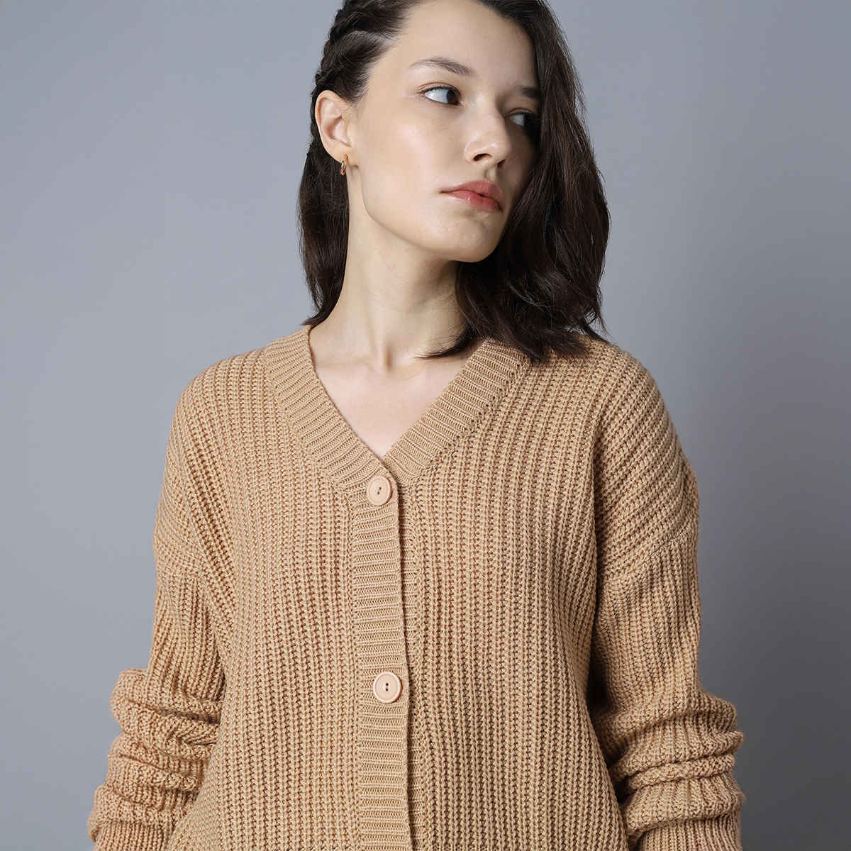 High Star Women's Ribbed V-Neck Long Sleeves Acrylic Cardigan Sweater | Sand - L