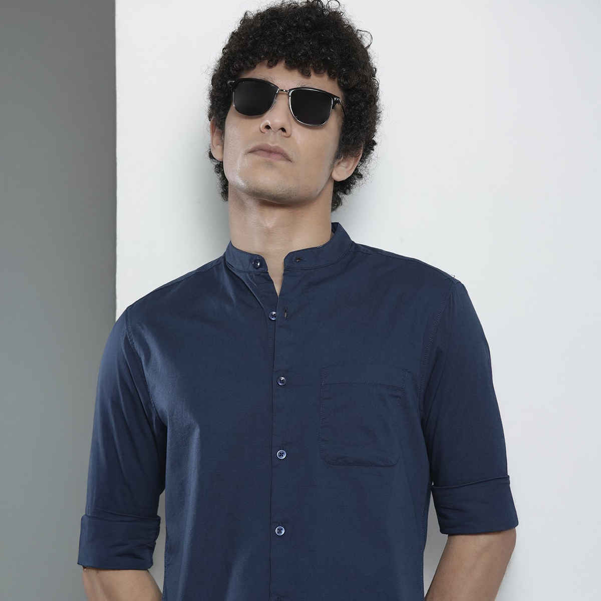 The Indian Garage Co Men's Regular Fit Solid Casual Shirt | Dark Blue - XL