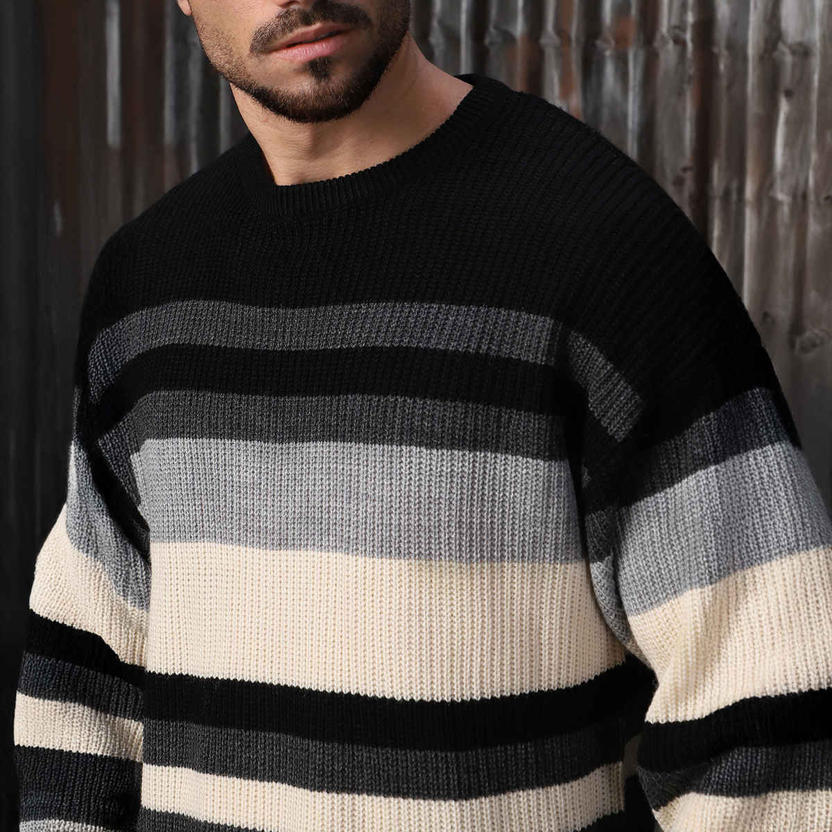 High Star Men's Striped Round Neck Pullover | Multicolour - S