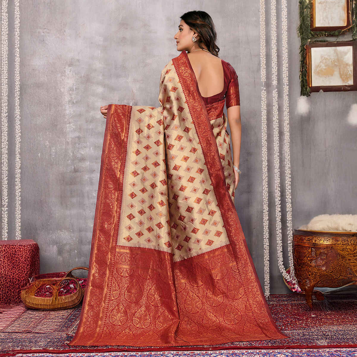 Janasya Women's Silk Blend Ethnic Motifs Kanjivaram Saree with Blouse Piece | SAR359 | Beige