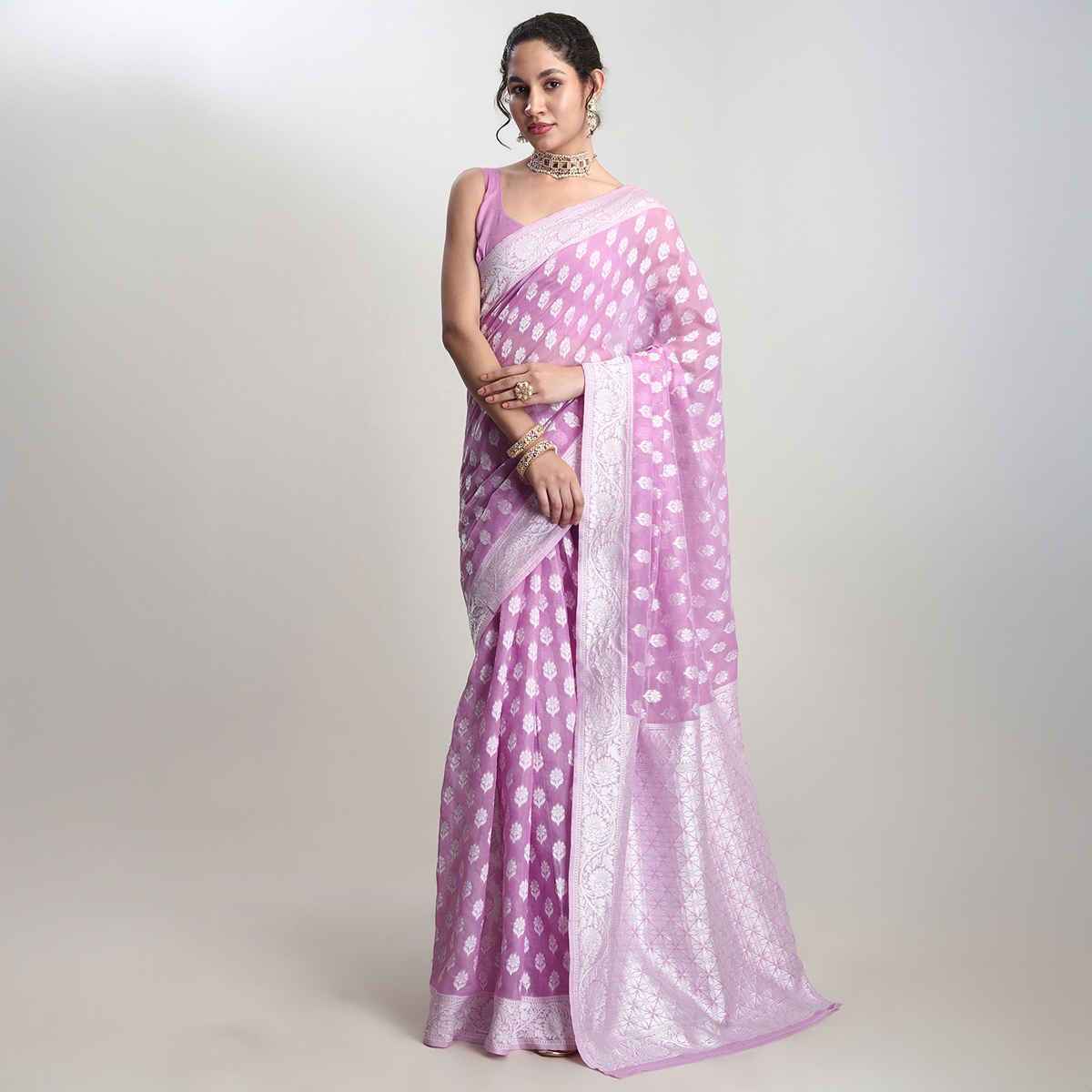 Janasya Women's Silk Blend Floral Woven Design Jacquard Saree with Blouse Piece | SAR631 | Lavender