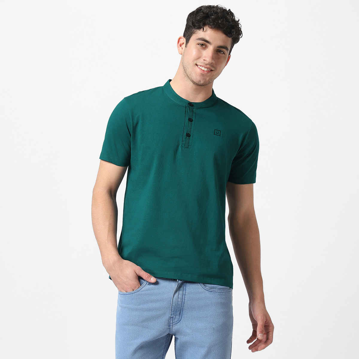 Urbano Fashion Men's Slim Fit Solid Mandarin Collar Cotton T-Shirt | Dark Green - L