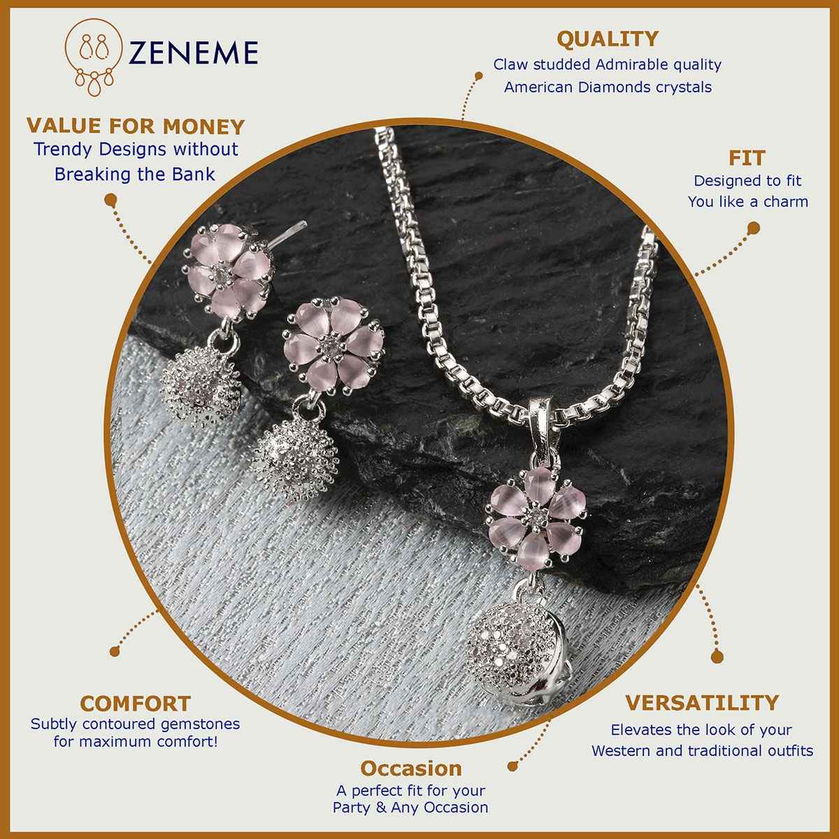 Zeneme Rhodium-Plated Silver Pink CZ-AD Floral Cute Pendant Earrings Jewellery Set For Women & Girl