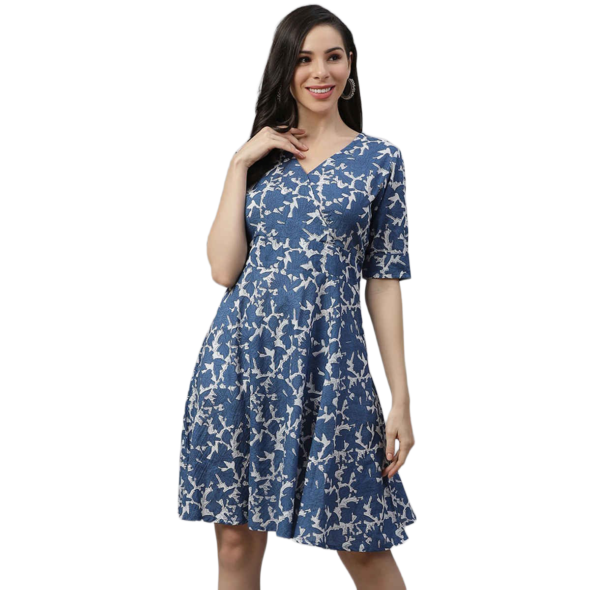 Divena Printed Knee Length Women's Dress | DK0590 | Indigo - L