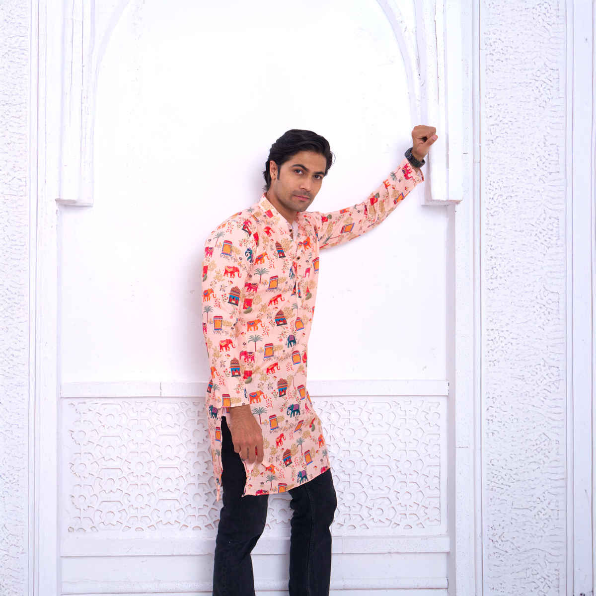 House Of Festivals Men's Printed Cotton Blend Ethnic Design Long Kurta | Multicolor - S