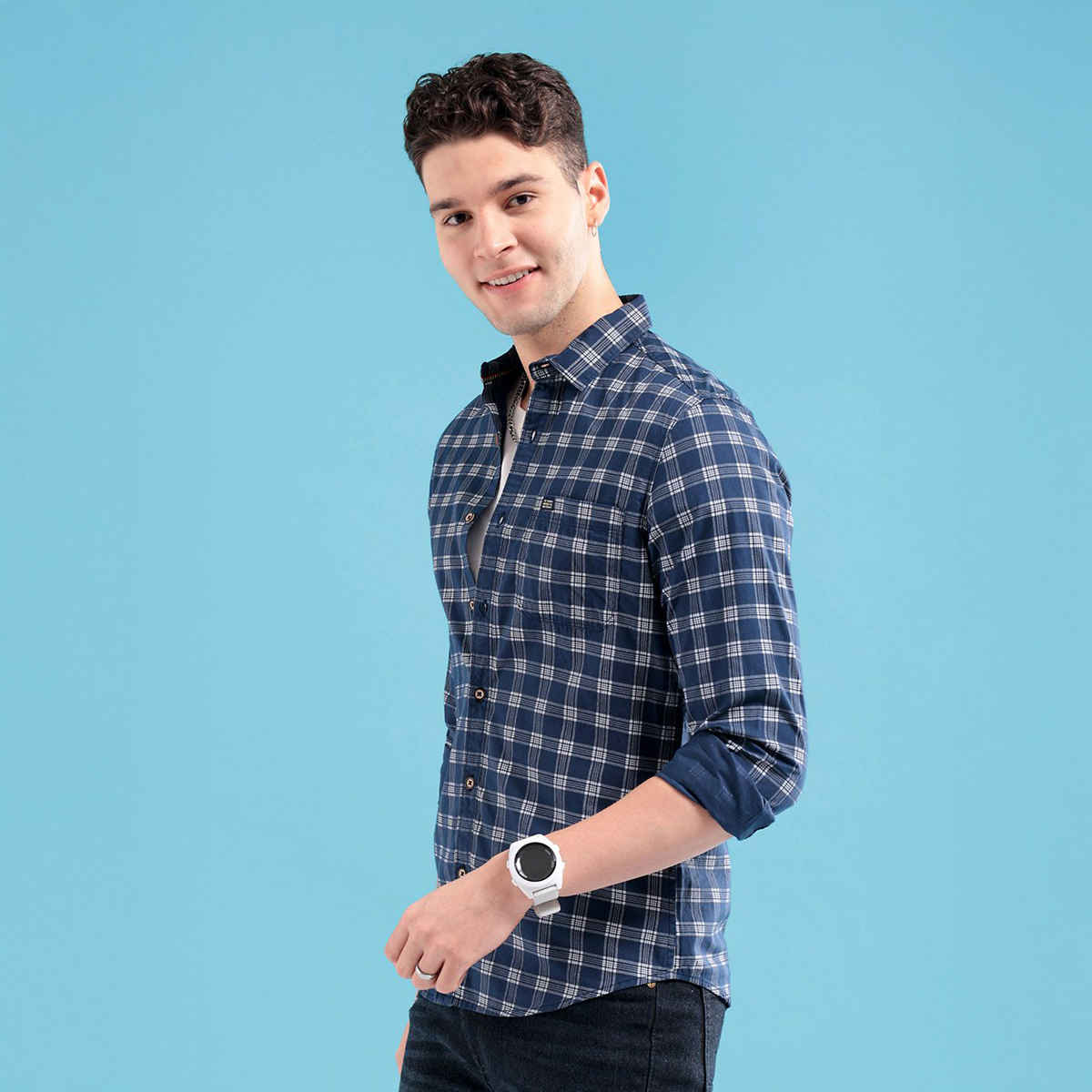 The Indian Garage Co Men's Slim Fit Checked Casual | Navy Blue | M