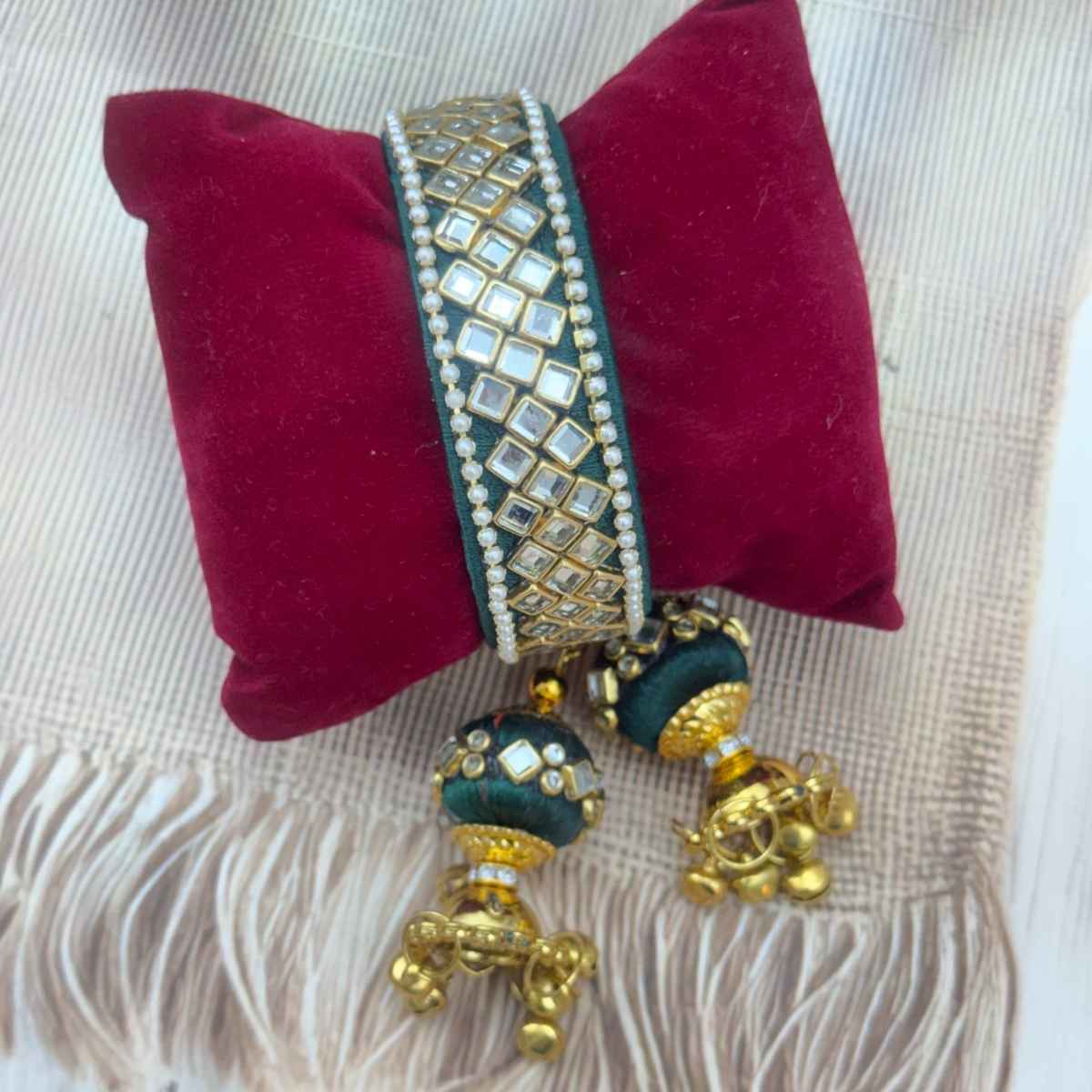 The Opal Factory Kundan Silk Thread Flexible Size Bangle | Jhumki Latkan | Green - Flexible