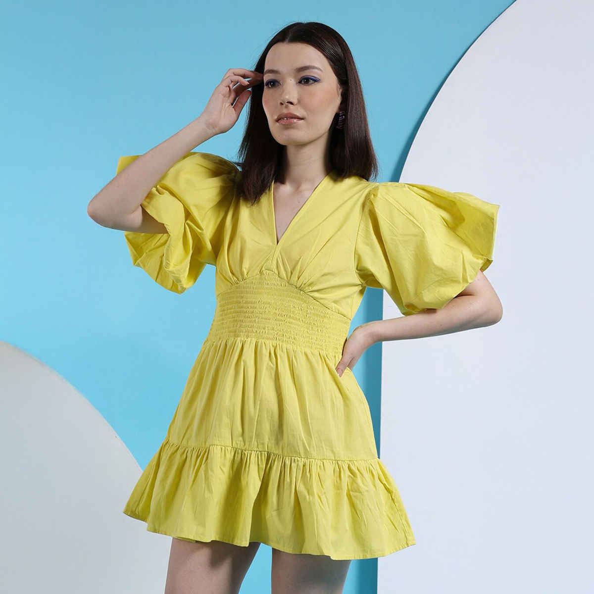 Freehand Women's Fit and Flared Solid Casual V-Neck Dress | Yellow - XL