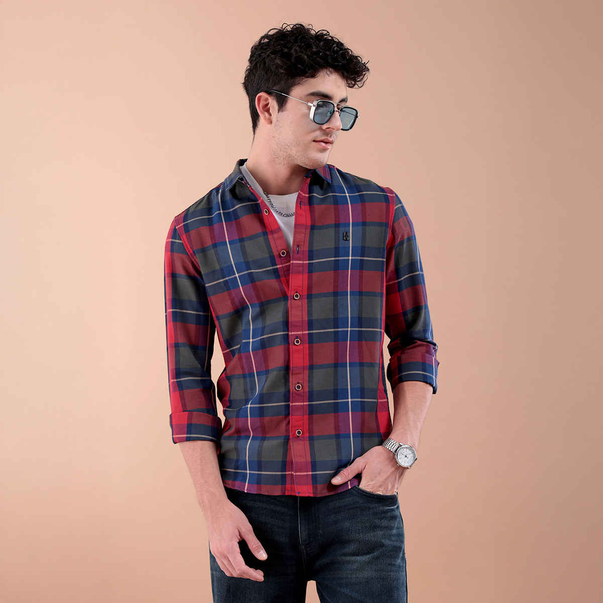 The Indian Garage Co Men's Regular Fit Checked Casual Shirt | Red - XL