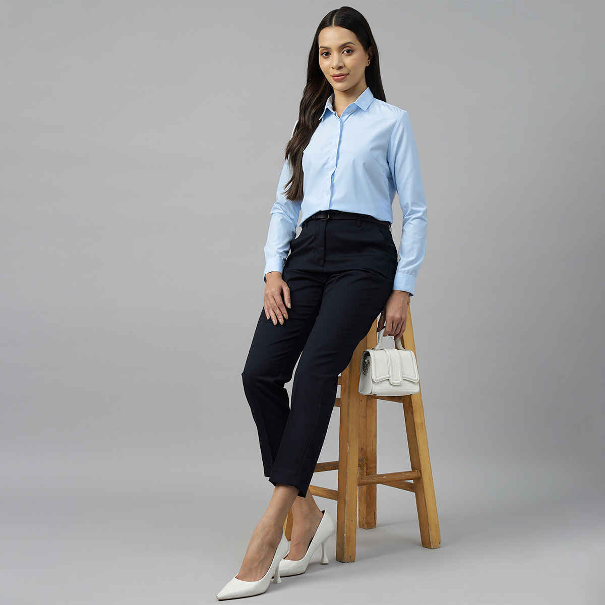 English Navy Women's Solid Regular Fit Polyester Formal Shirt | Sky Blue - S