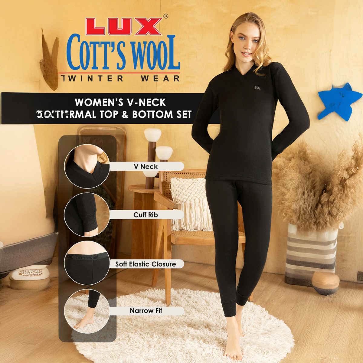 Lux Cottswool Women's Thermal Set For Embrace Warmth and Style Black - 90CM