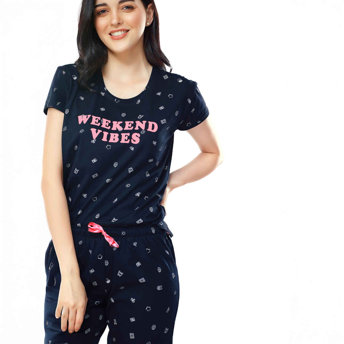 Zeyo Women's Cotton Printed Navy Blue Night Suit Set of Top & Pyjama | 5304-M