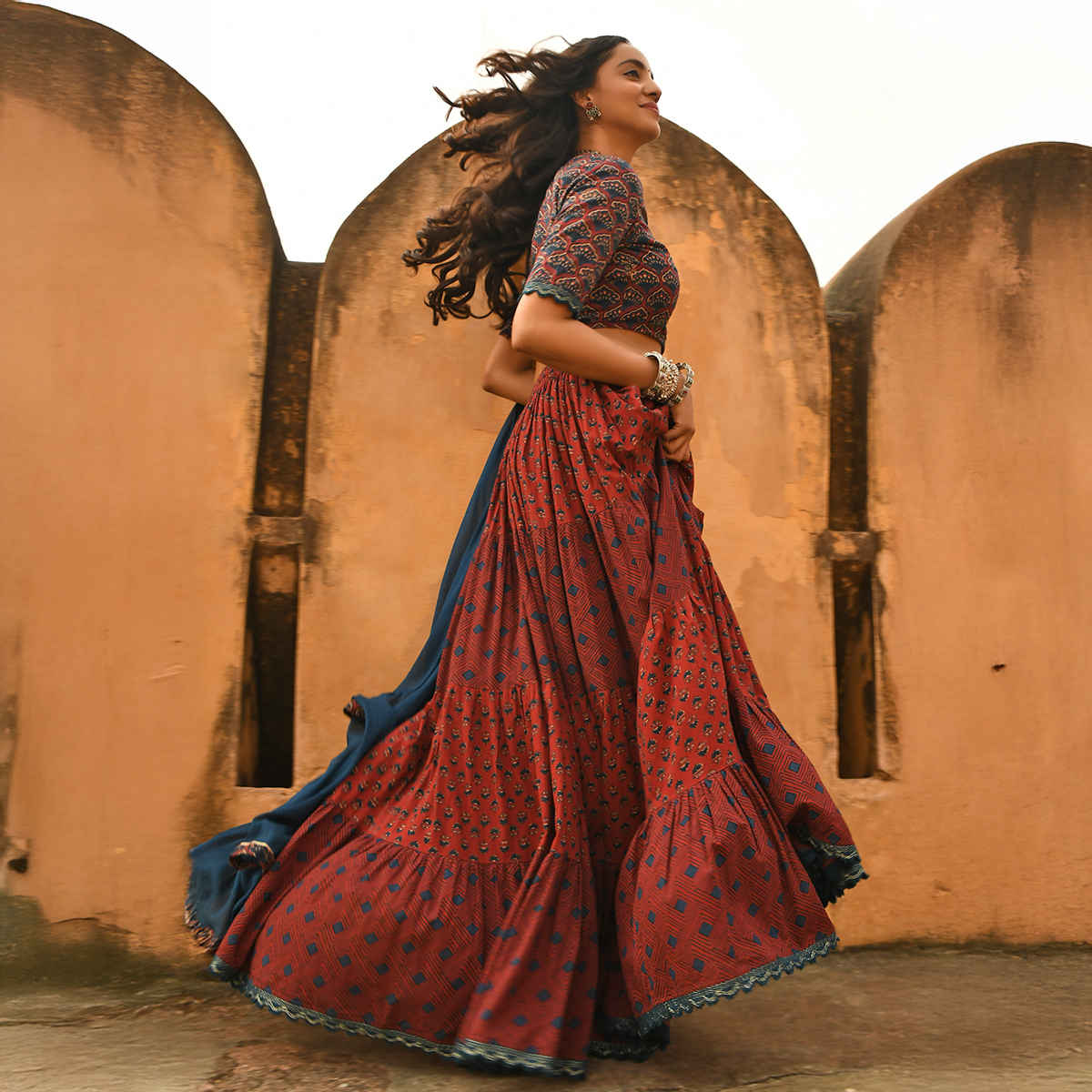 Janasya Women's Cotton Block Print Lehenga Choli with Dupatta | J0484 | Maroon - 2XL