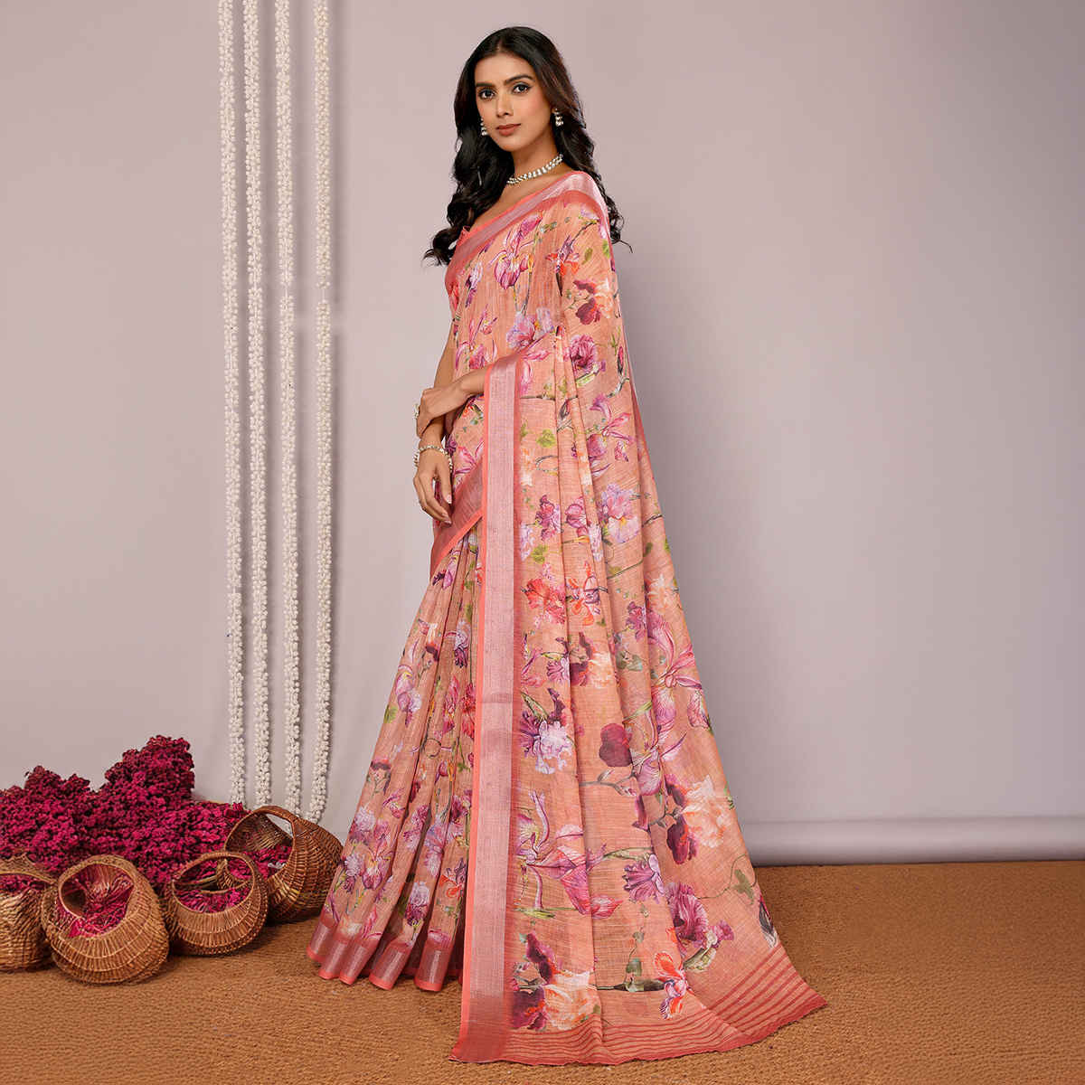 Janasya Women's Cotton Linen Floral Printed Saree with Blouse Piece | SAR452 | Peach