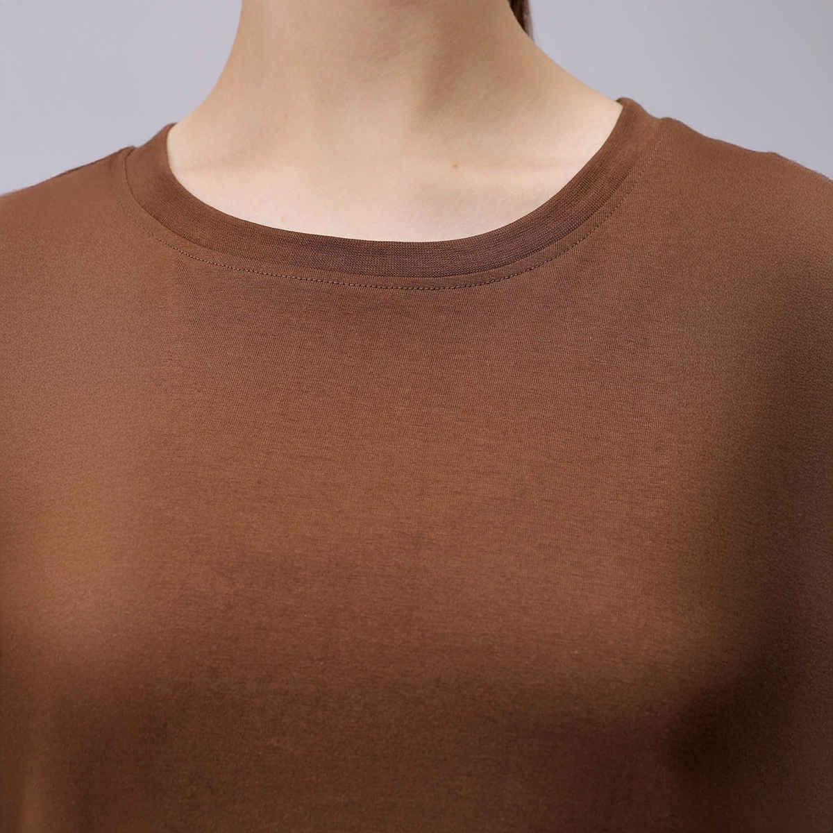 Freehand Women's Casual Regular Solid Crew Neck T-shirt | 0424-Zfhcntee3-09 | Sepia - L