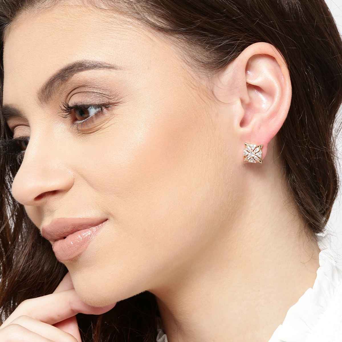 Carlton London 18kt Gold Plated with CZ and Pearl Square Stud Earring | FJE2310
