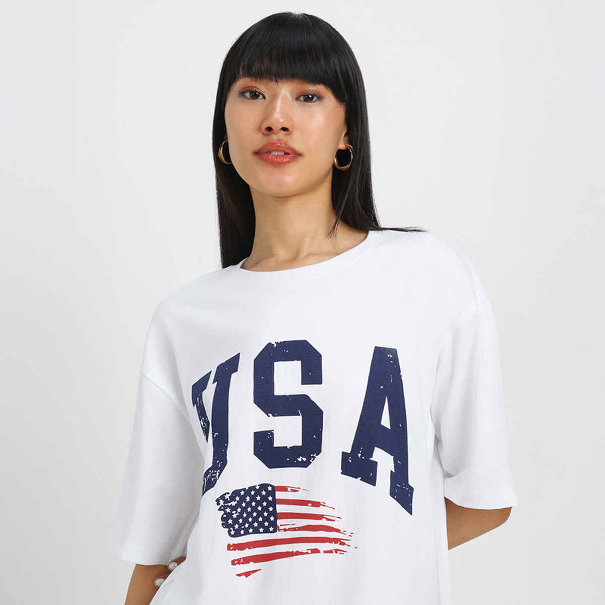 Juneberry White Print Graphic Oversized fit Tshirt for Women - M