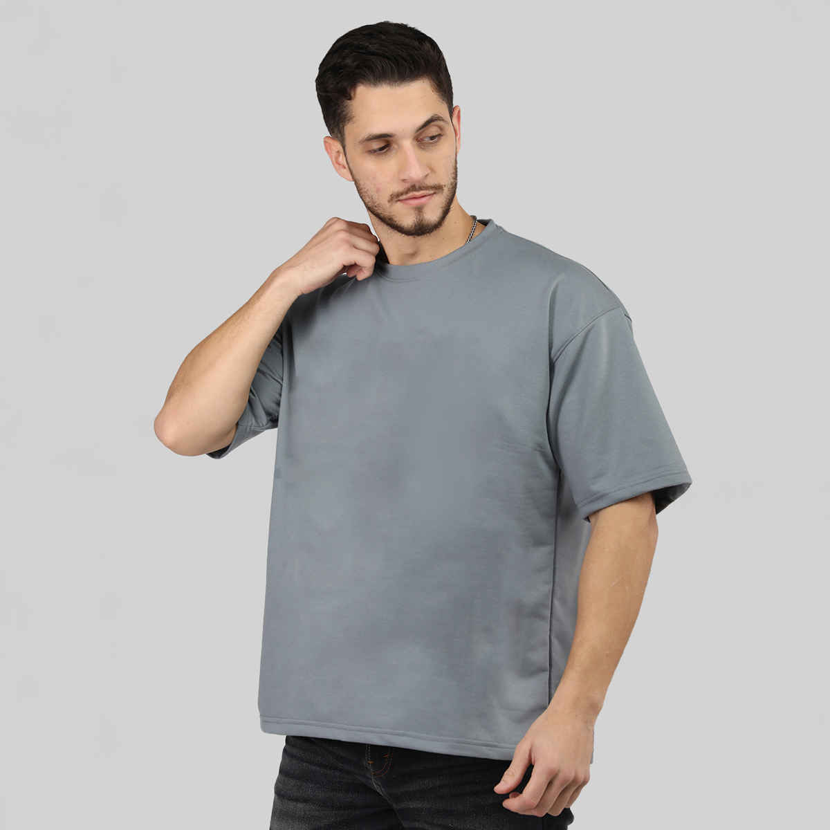 Chkokko Oversized Solid Round Neck Tshirts for Men Slate Grey M