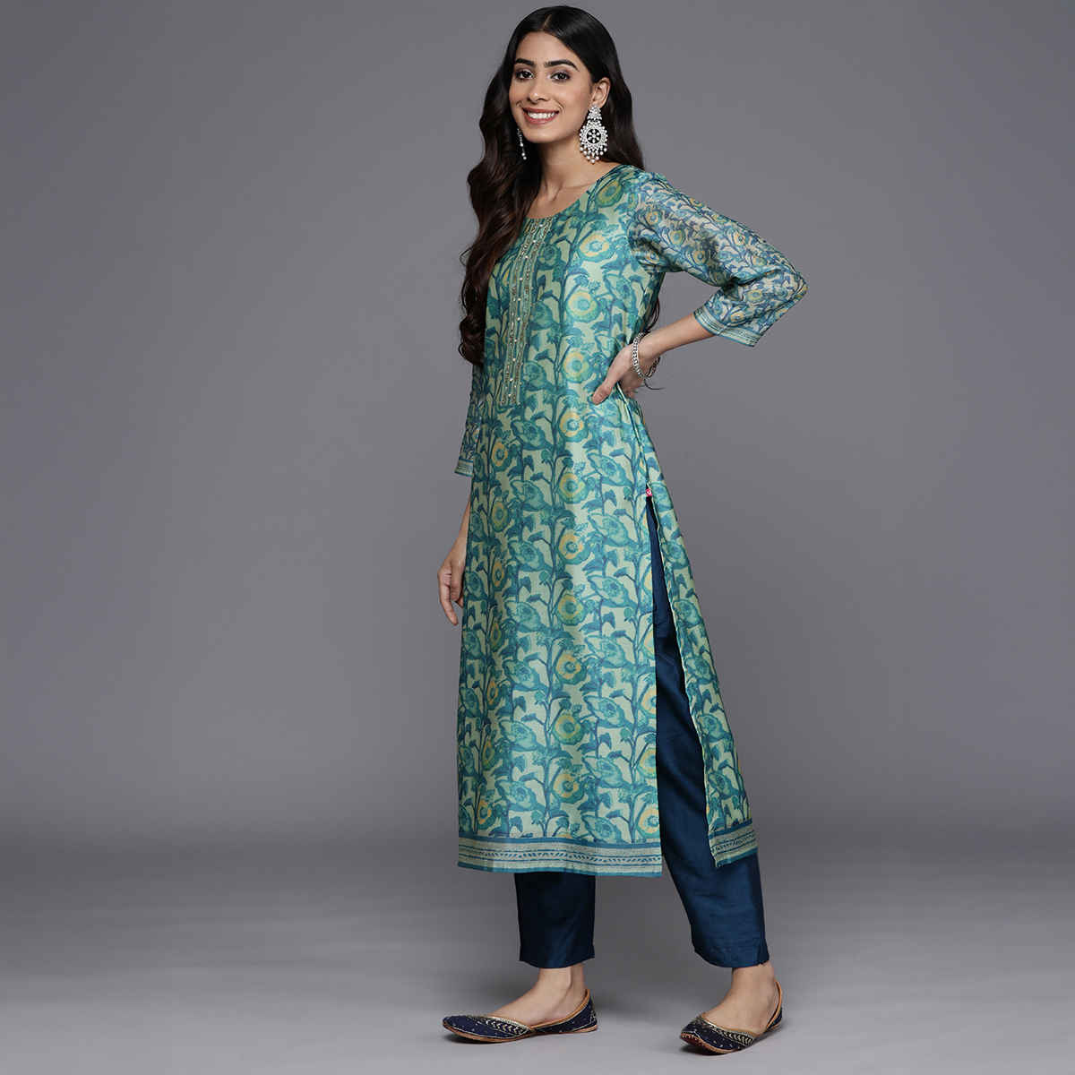 Varanga Women's Floral Printed Straight Kurta Paired with Tonal Bottom and Dupatta | Blue - S