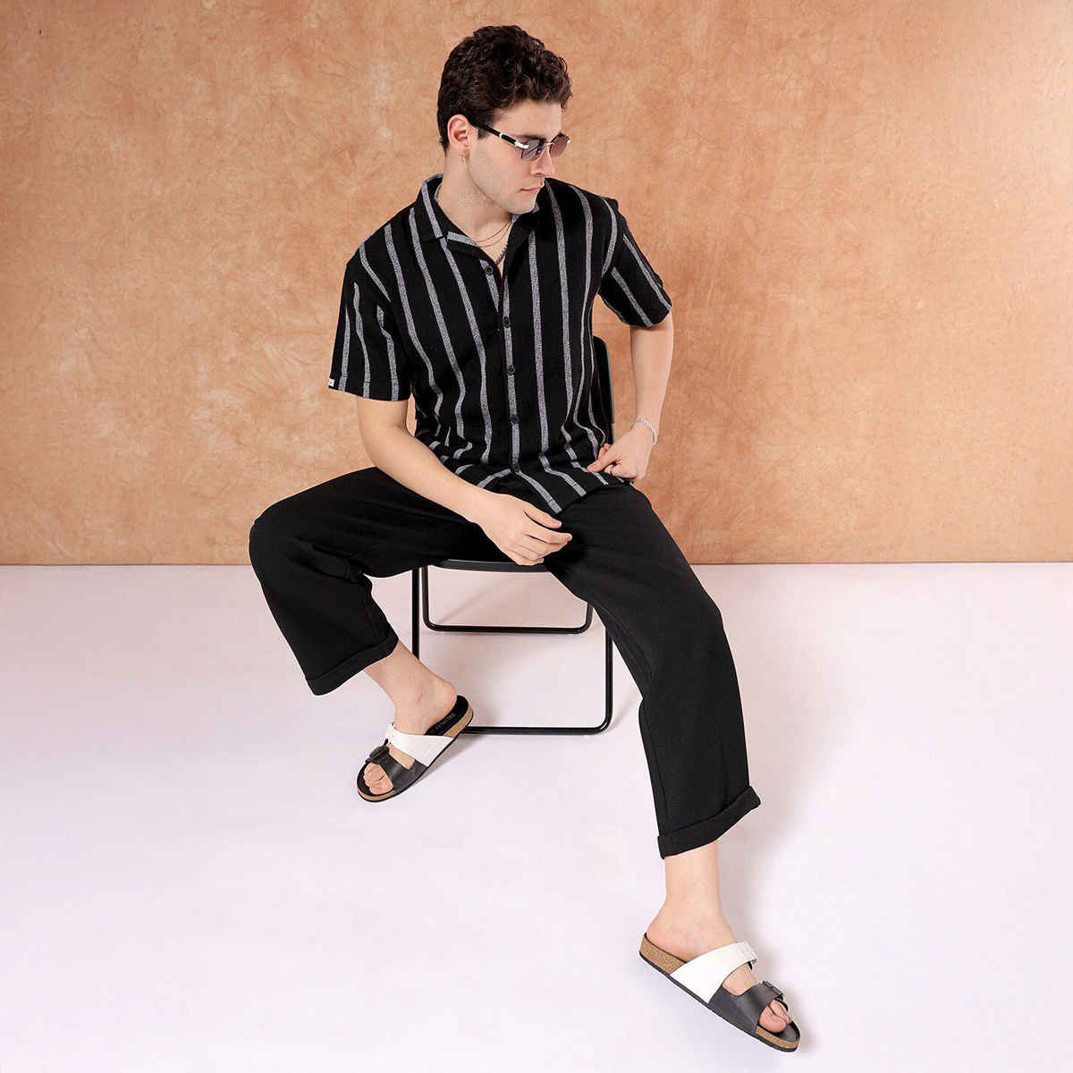 The Indian Garage Co Men's Relaxed Fit Striped Resort Half Sleeve Shirt | Black - M