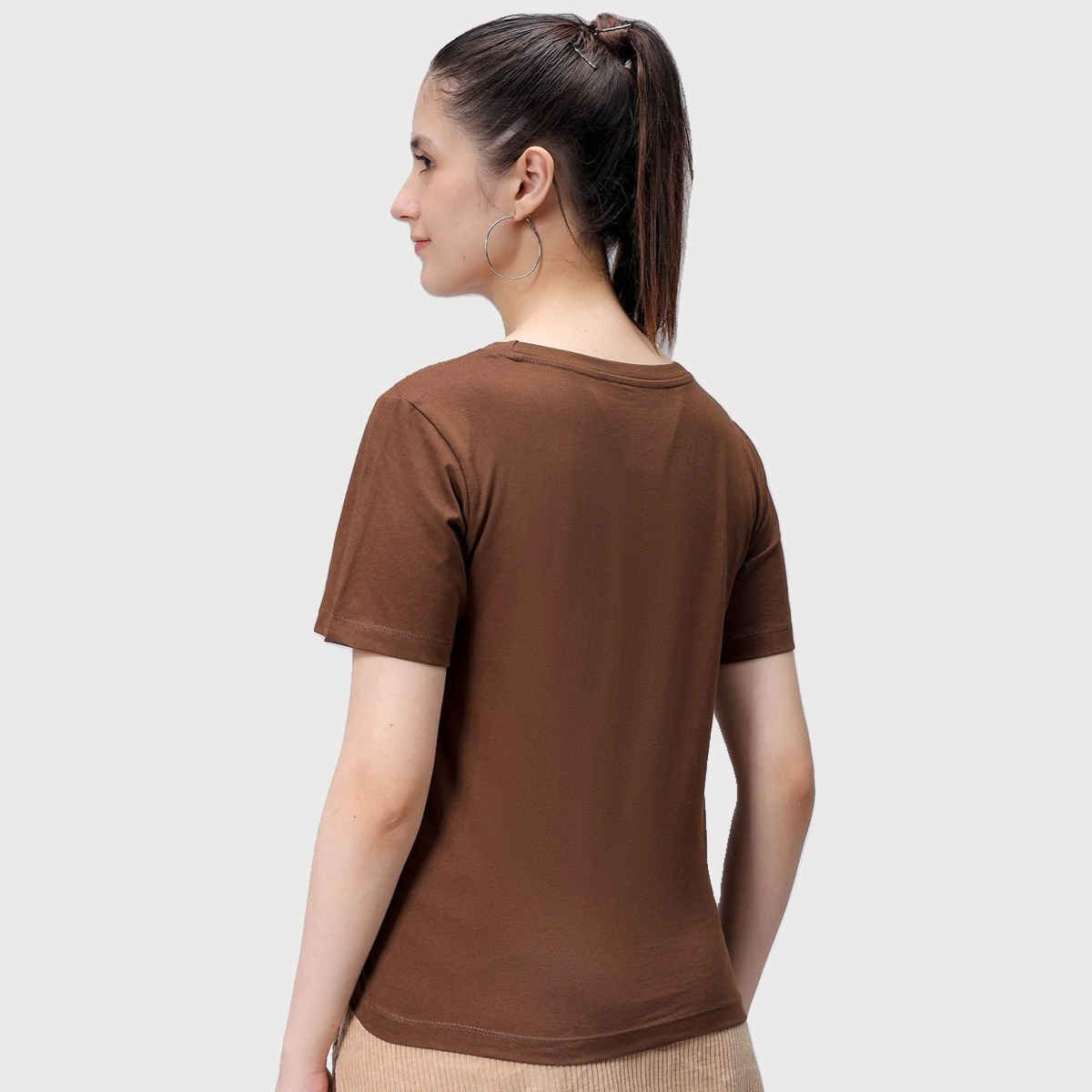 Freehand Women's Casual Regular Solid Crew Neck T-shirt | 0424-Zfhcntee3-09 | Sepia - S