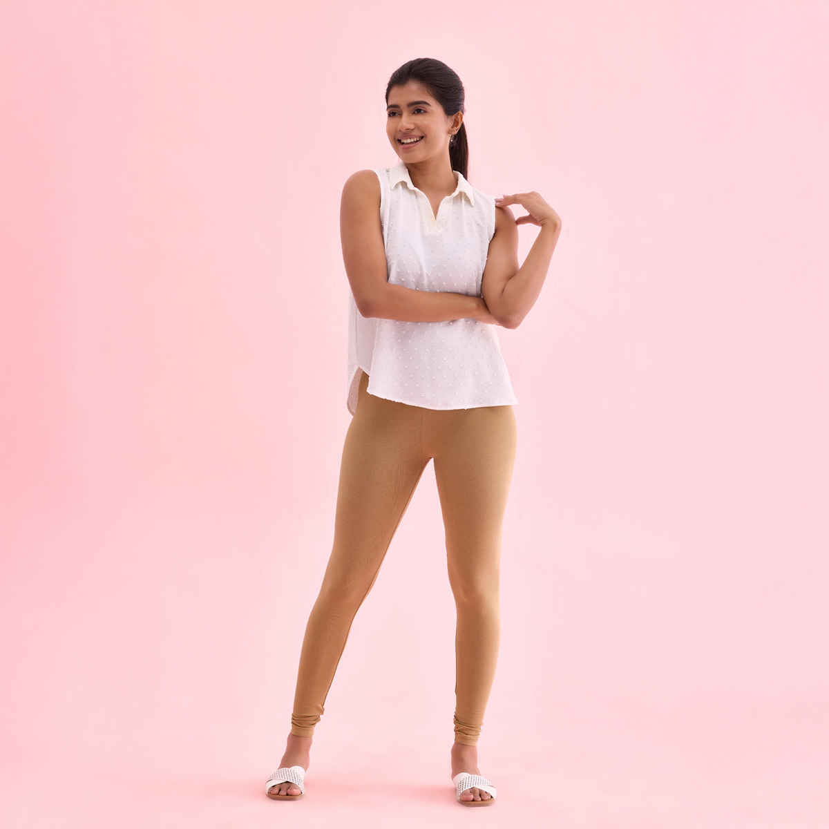 Go Colors Women's Solid Mid Rise Ankle Length Leggings | Beige - L