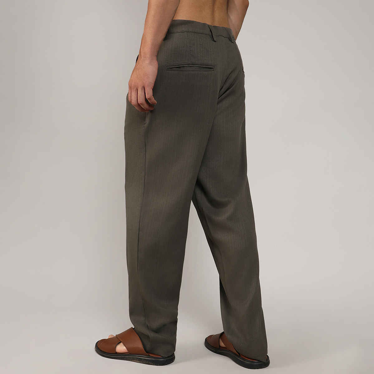 Campus Sutra Men's Tailored Linen-Blend Trousers | Olive Green - 34