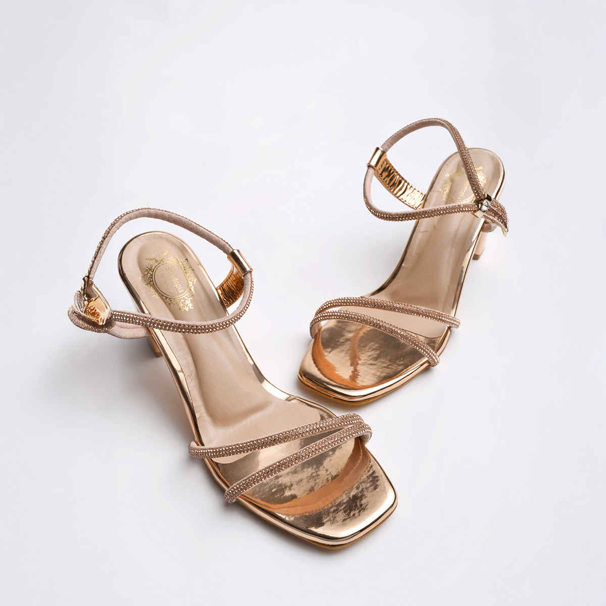 Shoetopia Women's Embellished Rhinestones Strap Heels | Heel-1246 | Rose-Gold - UK 3