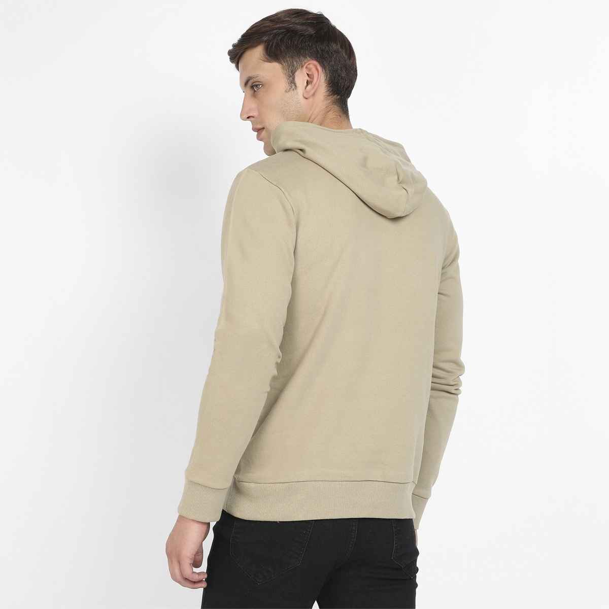 Campus Sutra Men's Pullover Hoodie With Contrast Drawstring | Beige - L