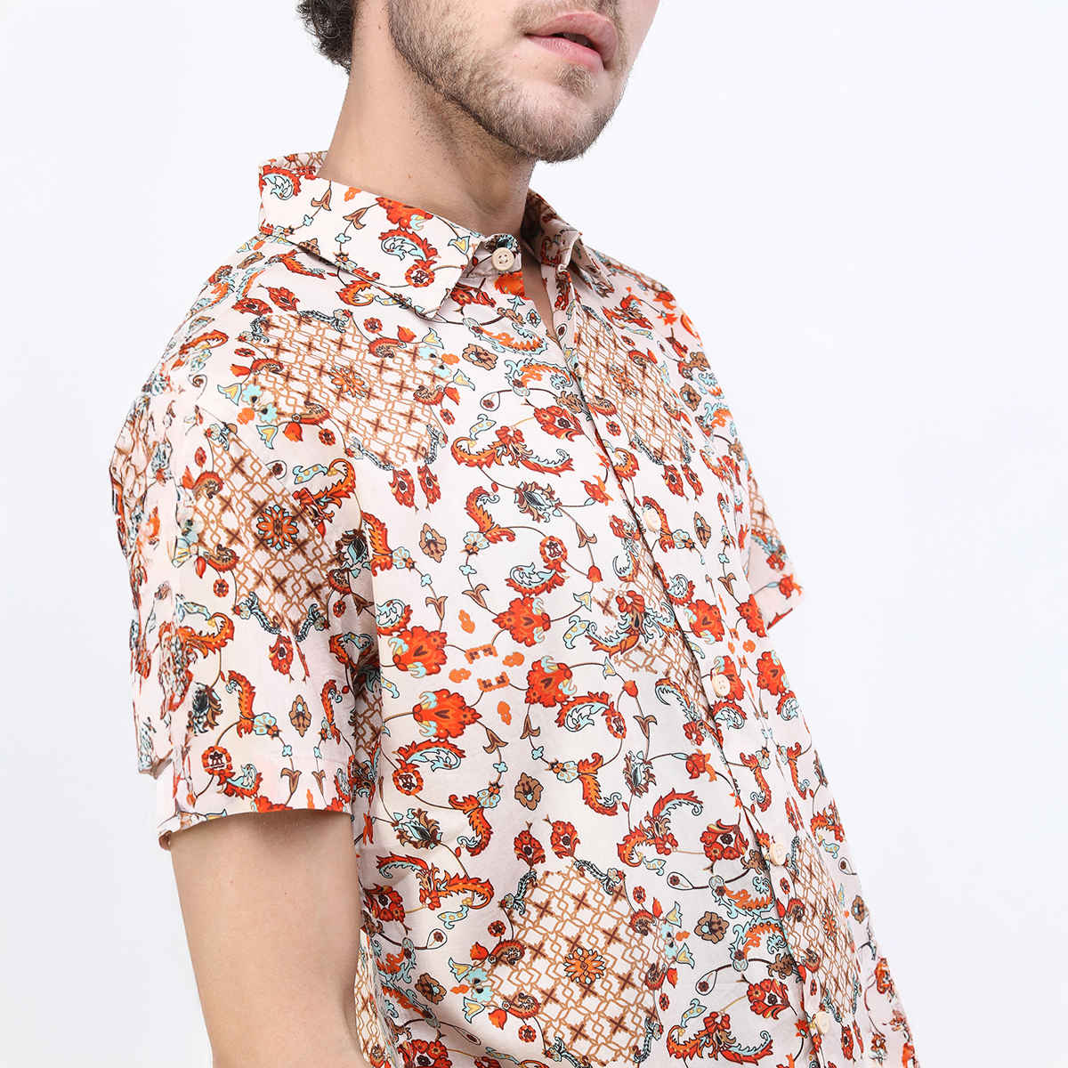 Highlander Men's Slim Fit Graphic Shirts | Beige & Rust - M