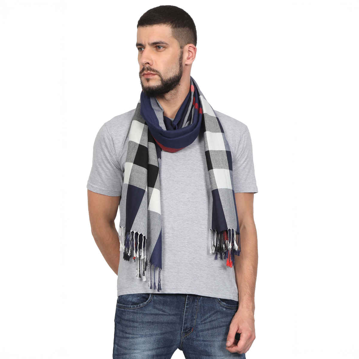 Fabseasons Unisex Checkered Cotton Blend Scarf | Navy