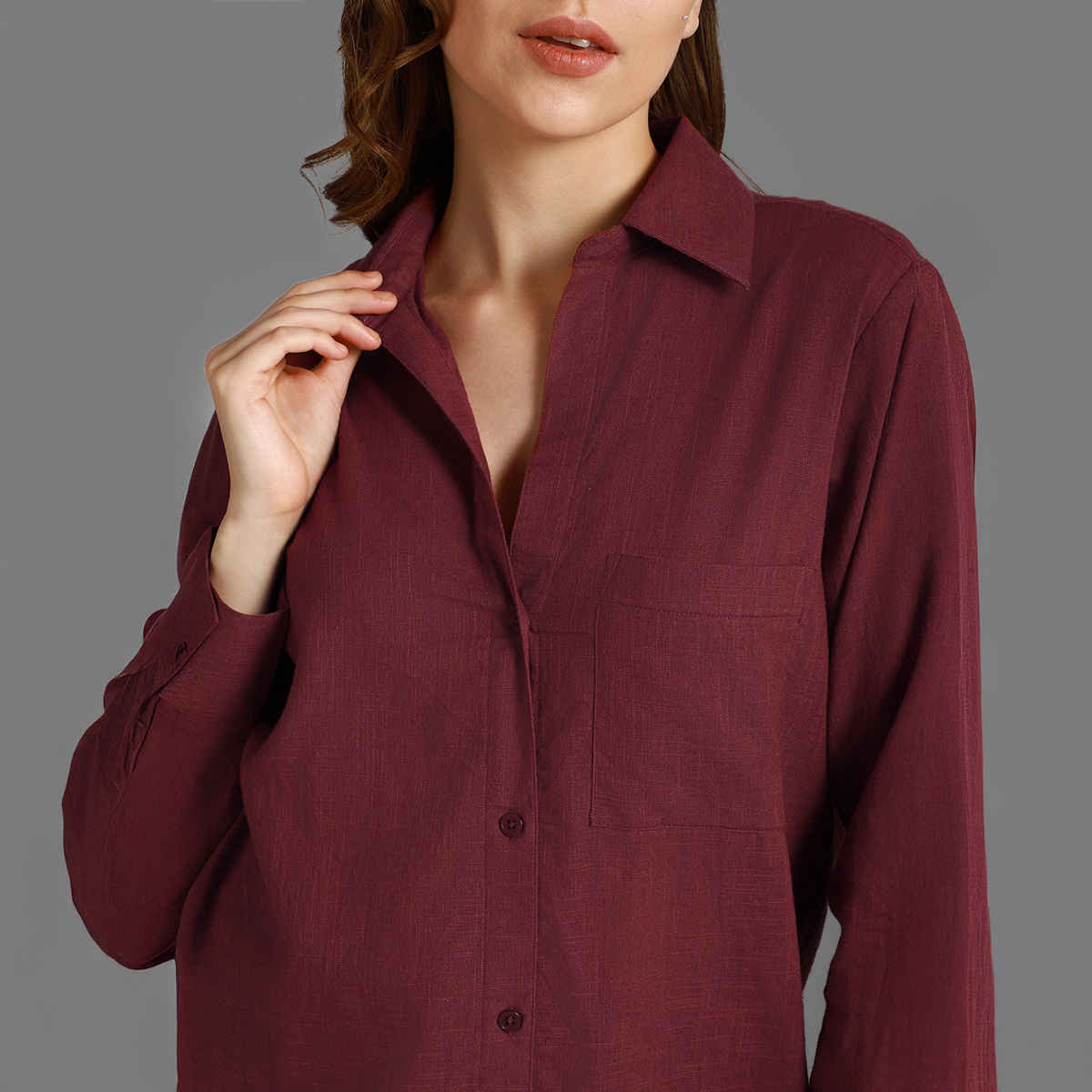 High Star Women's Spread Collar Long Sleeves Cotton Casual Shirt | Maroon - XL