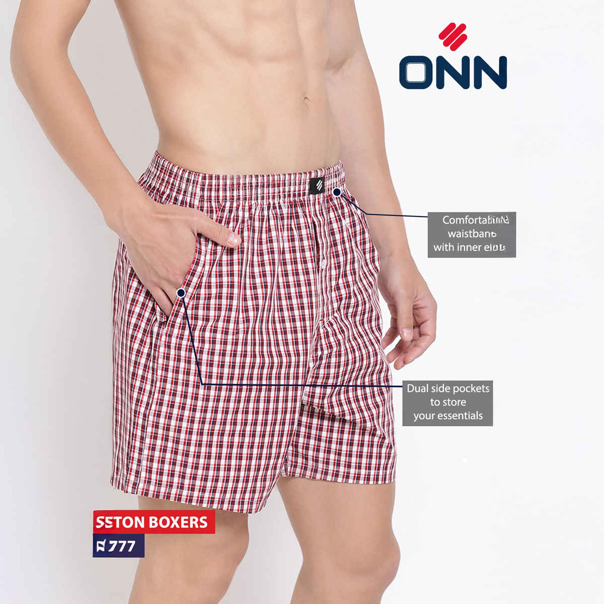 Onn Lightweight & Breathable Cotton Checkered Shorts | Multicolor | Size S | Pack Of 2