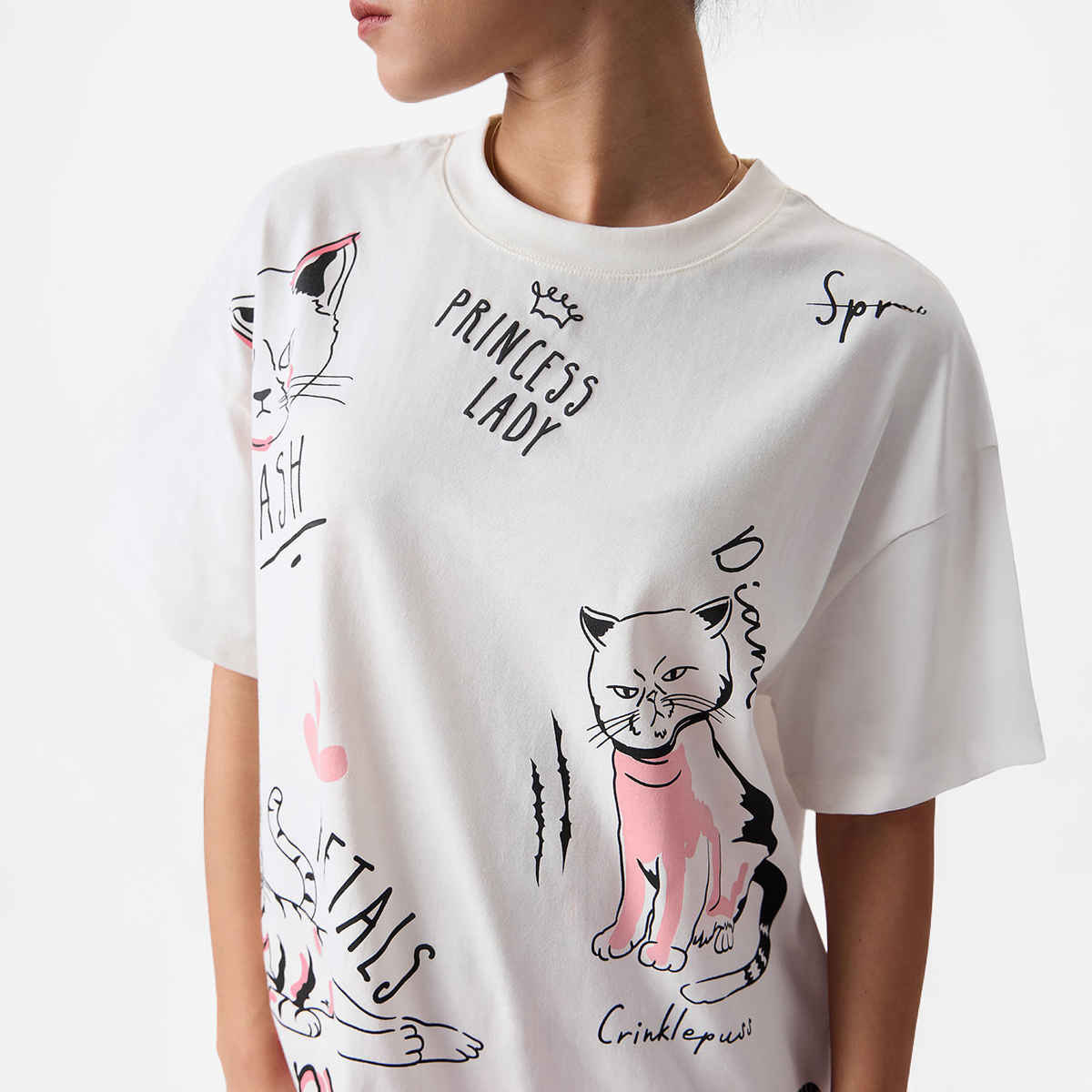 The Souled Store Women's The Office Angela's Cats Oversized T-shirt | White - S