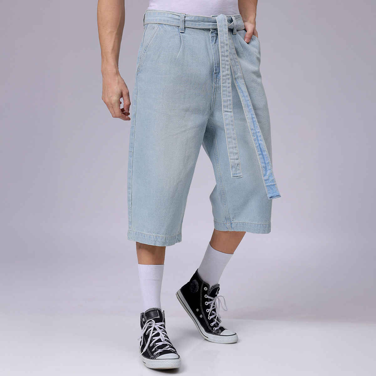 The Indian Garage Co Men's Loose Solid Street Capri Jeans | Vintage Blue - 32