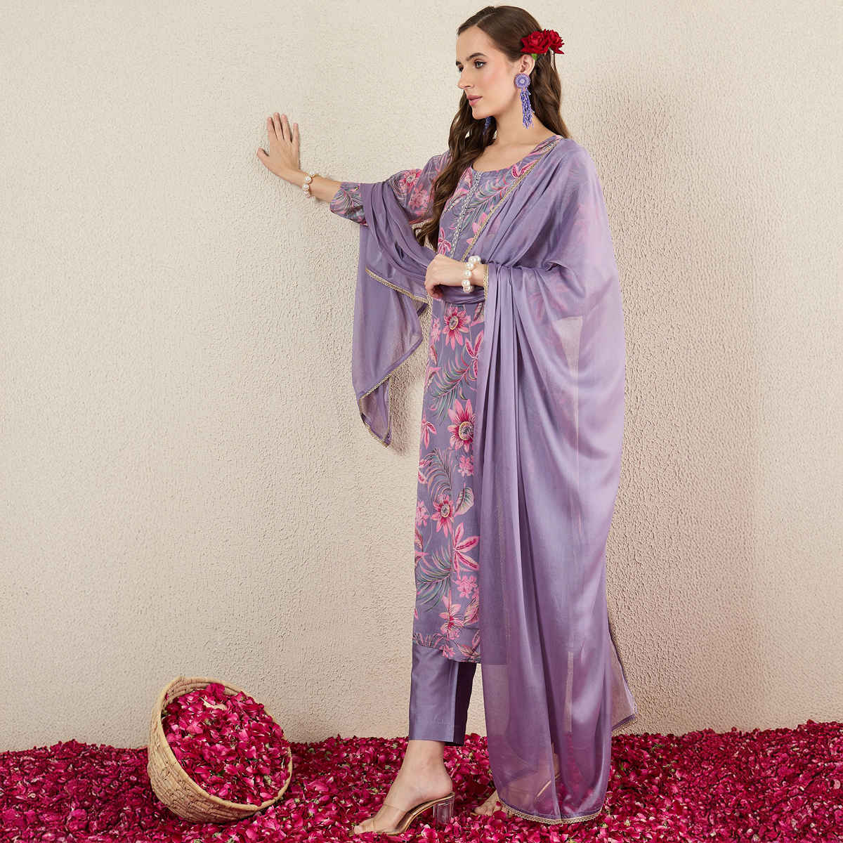 Indo Era Women's Printed Straight Kurta Pant with Dupatta set | KH9LV10858 | Lavender - S