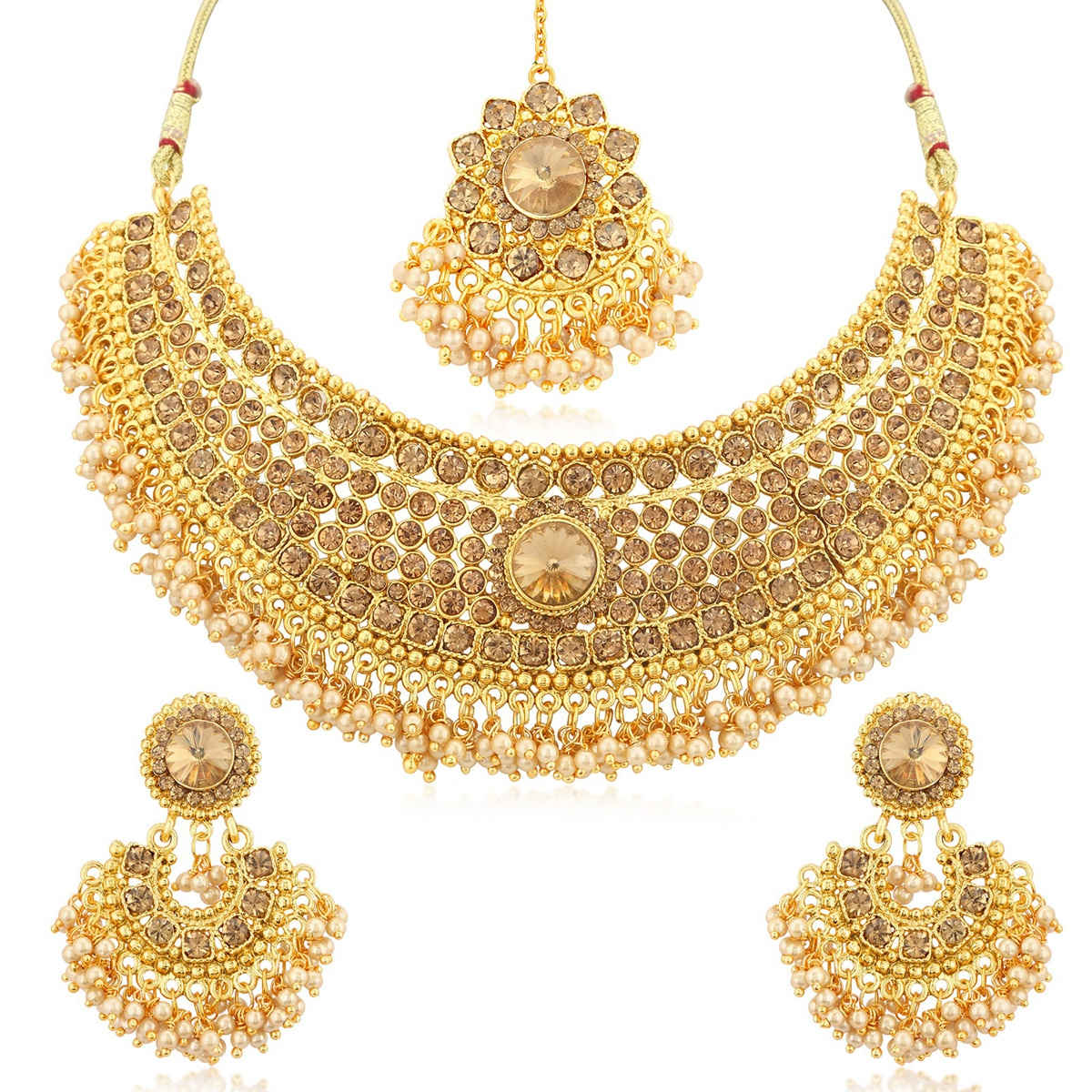 Sukkhi Traditional Pearl Gold Plated Lct Stone Choker Necklace Set For Women