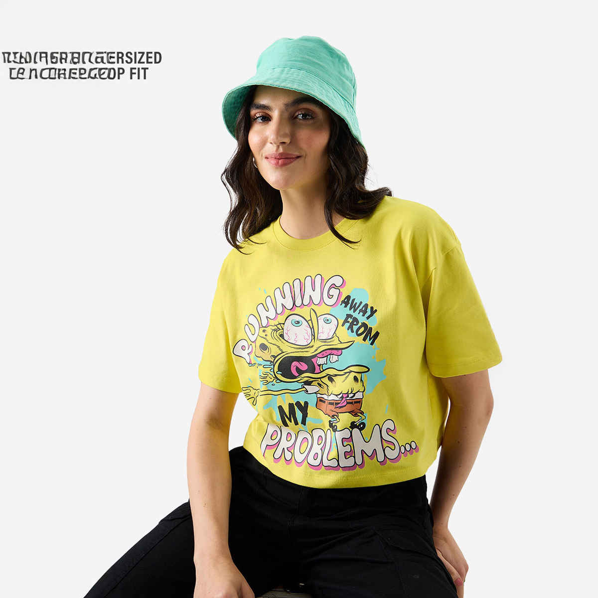 The Souled Store Women's SpongeBob Running Away Oversized Cropped T-shirt | Yellow - L