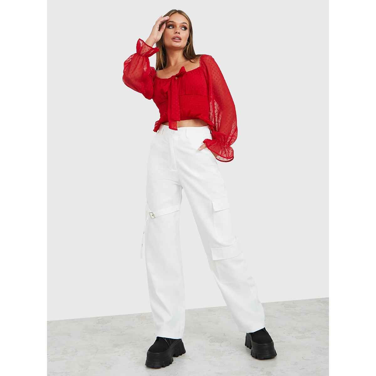 Styli Women's Regular Fit Blouse with Swiss Dot Fabric, Sweetheart Neck and Long Sleeves | Red - XL