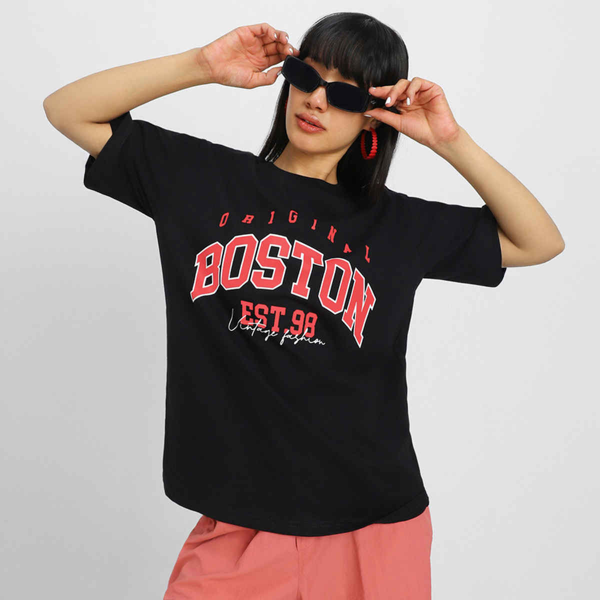 Juneberry Black Print Typography Oversized fit Tshirt for Women - S