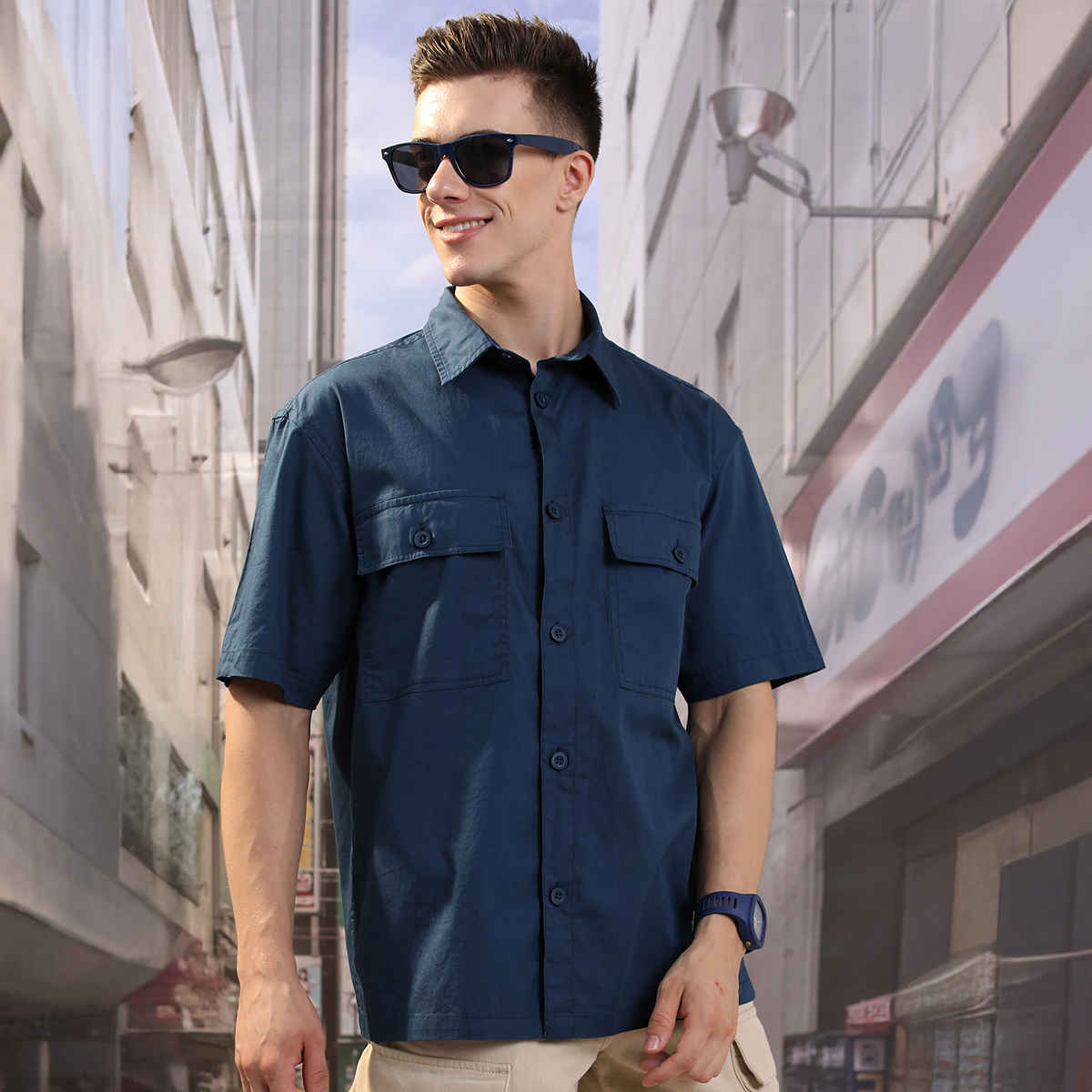 HIGHLANDER Men's Blue Drop Shoulder Boxy Oversized Fit Shirt | Blue - S
